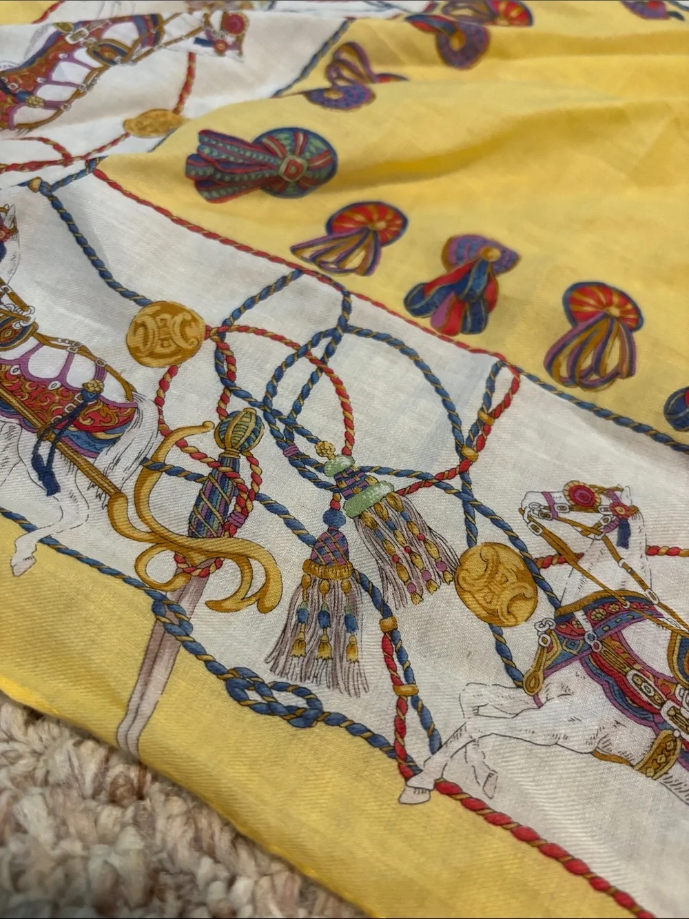 Celine Yellow White Equestrian Print Silk Scarf